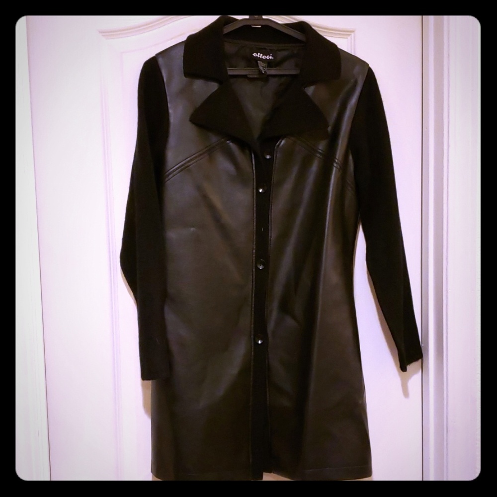 Long Black Sweater Faux Leather Jacket